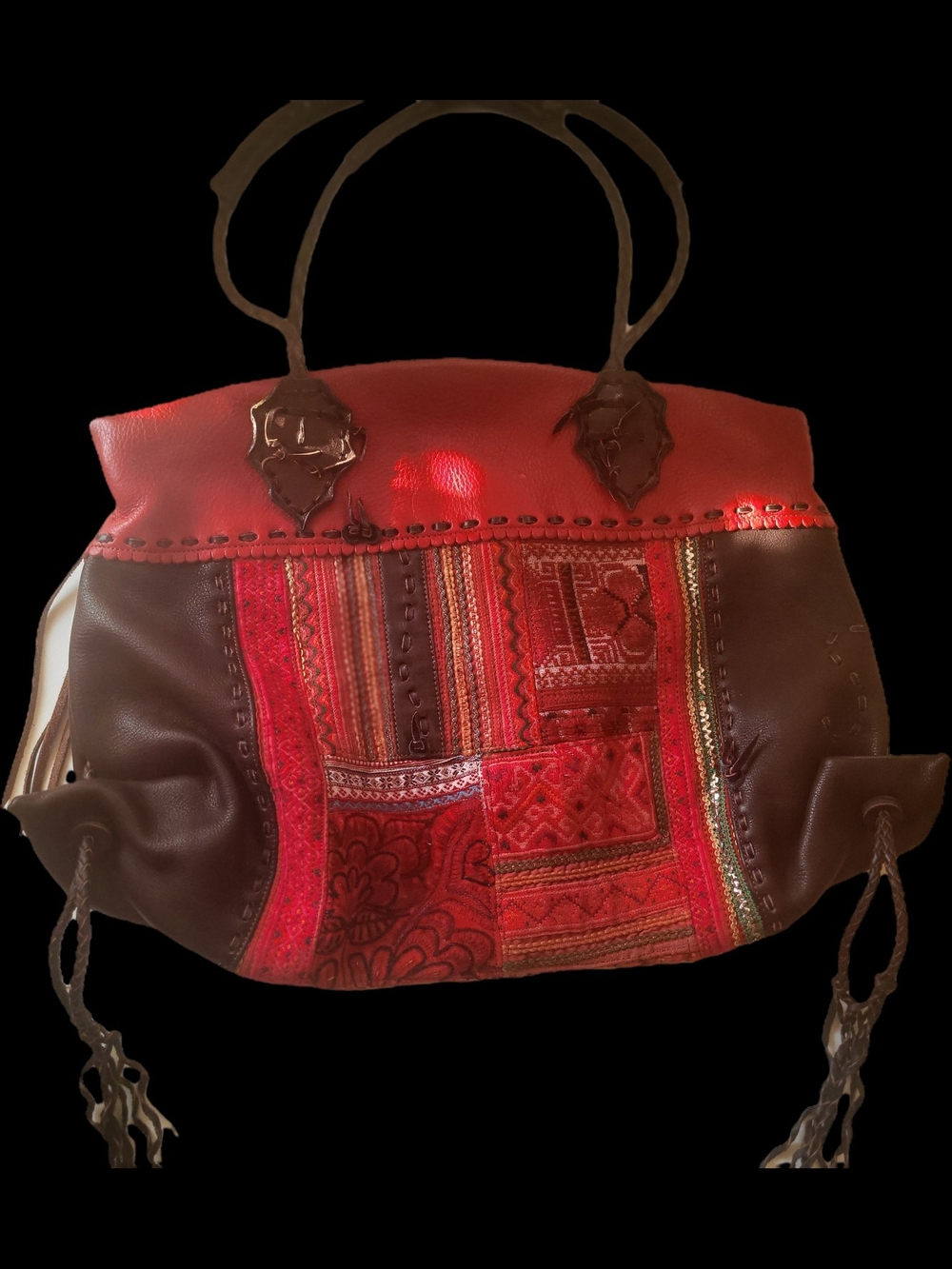 Red Patchwork Leather & Fabric Tote Bag with Brown Accents